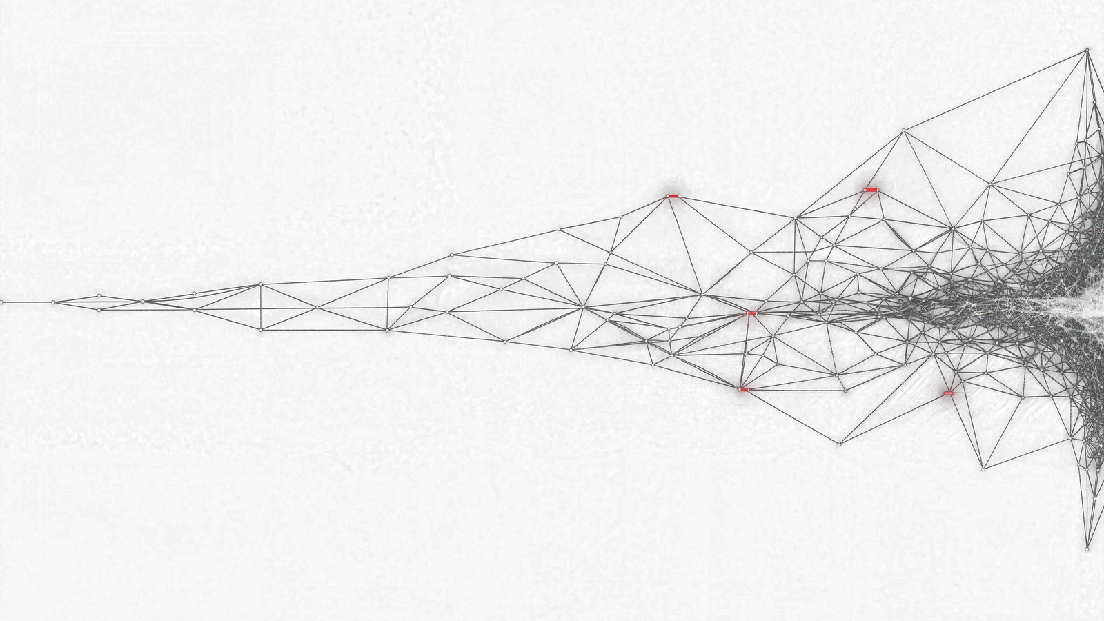 Réseau de nœuds qui se densifie progressivement de gauche à droite, quelques nœuds rouges marquant les signaux récurrents.