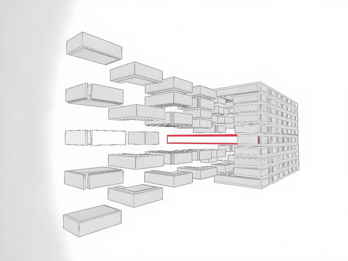 Mur de béton monolithique vu en contre-plongée, son arête supérieure soulignée d'une ligne rouge continue : une structure d'un seul tenant, pas un assemblage de prestations.