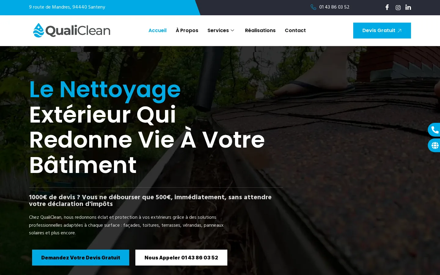 Site de Agence QualiClean, nettoyage extérieur : façade, toiture, terrasse