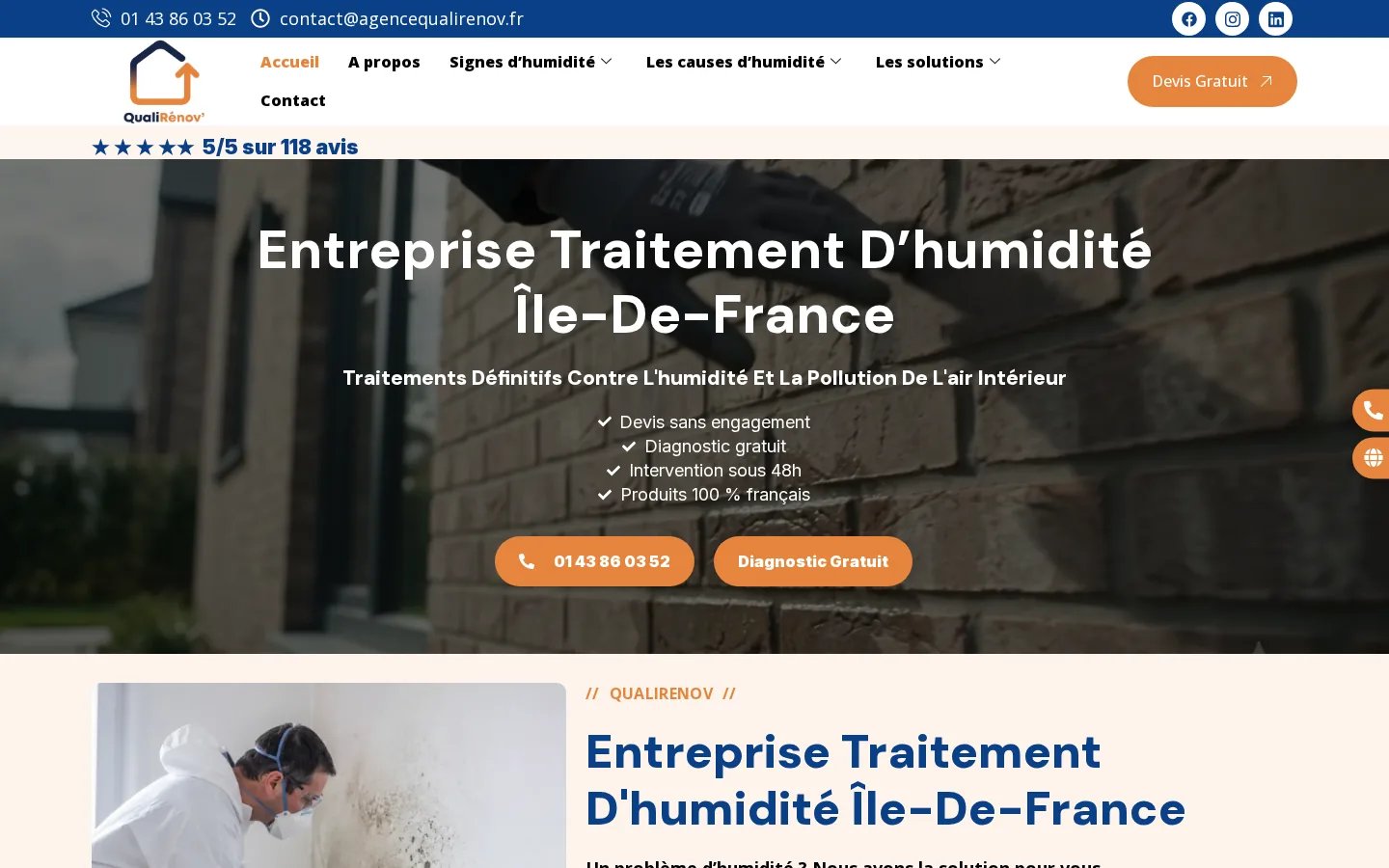Site de Agence QualiRenov IDF, traitement humidité, moisissures & salpêtre